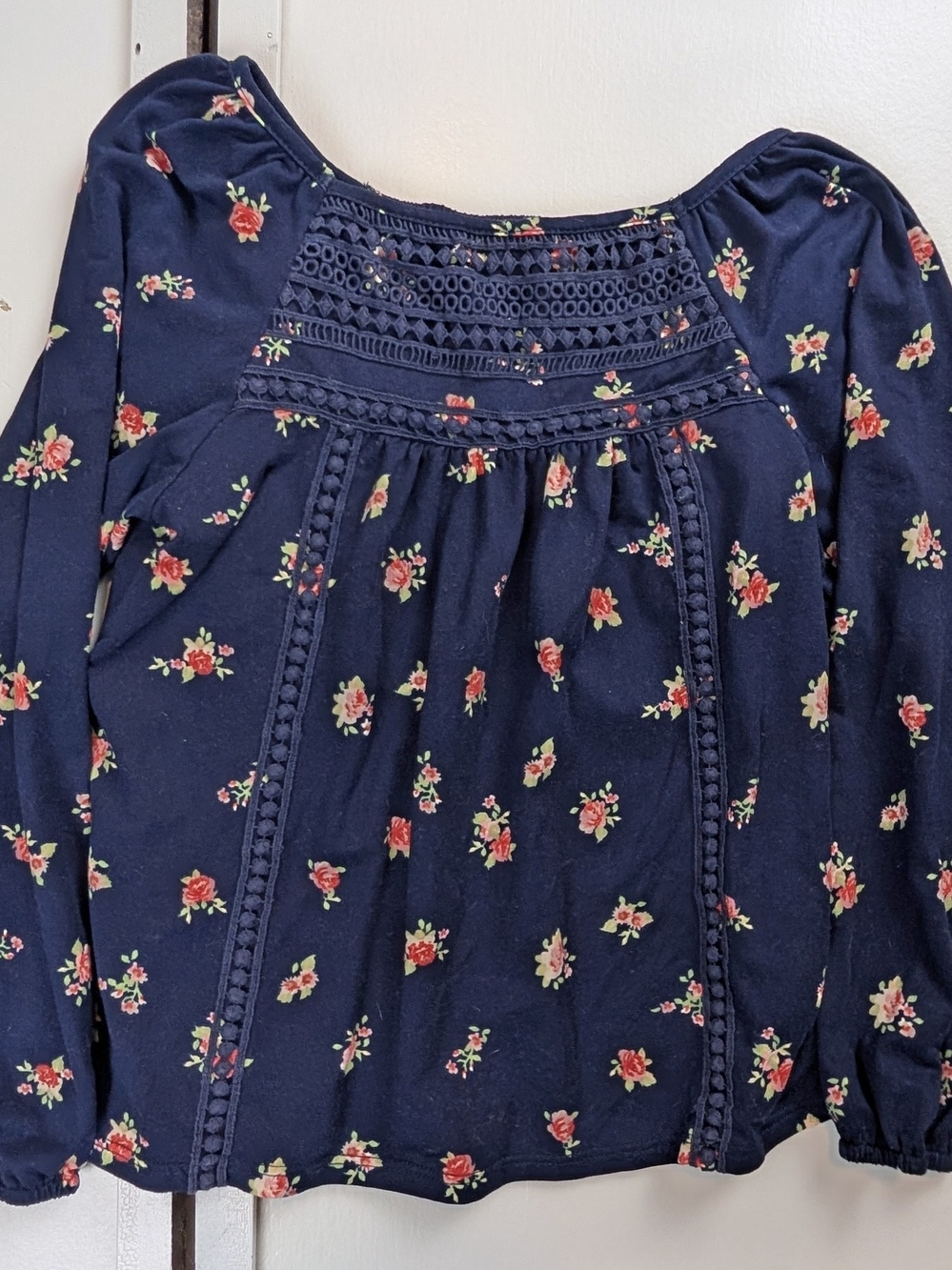 Girls' Navy Floral Crochet-Yoke Blouse